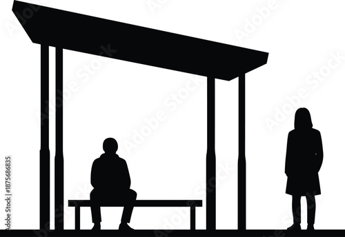 Minimalist black and white silhouette of a bus stop shelter with sitting and standing figures on a clean white background,
