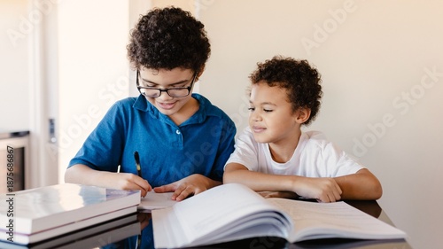 Foto Two children studying together at home