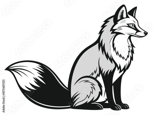 Gray and black illustration of a sitting fox with a bushy tail animal wildlife