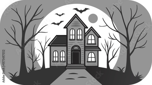 Grayscale Haunted House with Bats and Moon on Hillside spooky Halloween