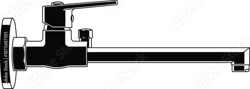 Minimalist black water faucet silhouette, wall mounted tap illustration with lever handle and long spout, modern industrial plumbing icon, isolated.