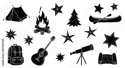 Outdoor adventure icons camping stars music and exploration silhouettes
