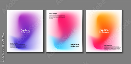 Set of three modern abstract gradient backgrounds with vibrant mesh blurs. Colorful purple, blue, pink, and orange flowing shapes on white for creative poster design, branding, and web banners.