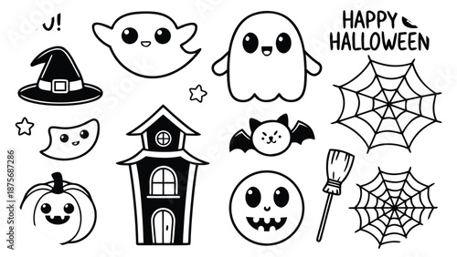Halloween Icons With Cute Ghosts Witch Hat Pumpkin Bat And Spider Web vector illustration
