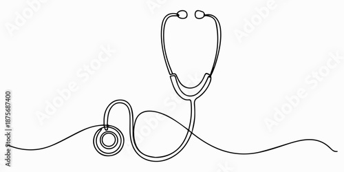 Stethoscope continuous one line drawing for medical and healthcare concept, Stethoscope in continuous one line art drawing on white background, Stethoscope continuous one line drawing minimalist