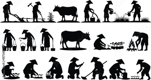 Set of 15 black silhouettes featuring traditional Asian farmers with conical hats, rice cultivation, plowing with cattle, and irrigation activities.