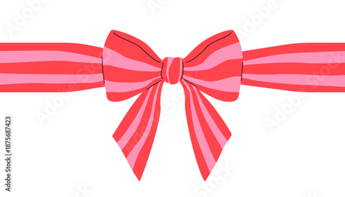 Cute pink bow. Retro flat cartoon illustration. Stripped ribbon decoration for greeting card or banner.
