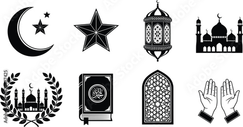 Black and white Islamic symbols including crescent moon star mosque lantern Quran and hands