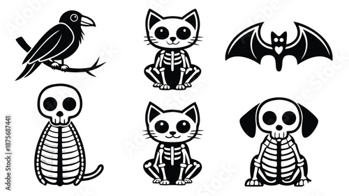 Halloween Skeleton Animals and Birds with Bat and Raven vector illustration