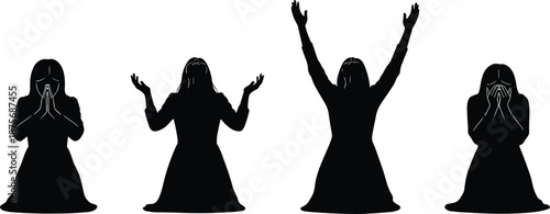 Women praying silhouette set showing worship, praise and spiritual meditation poses, faith and mindfulness concept, black vector illustration isolated