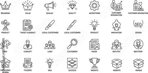 Set of 25 minimalist business and marketing line icons including branding, strategy, innovation, SEO, and success symbols in grid layout.