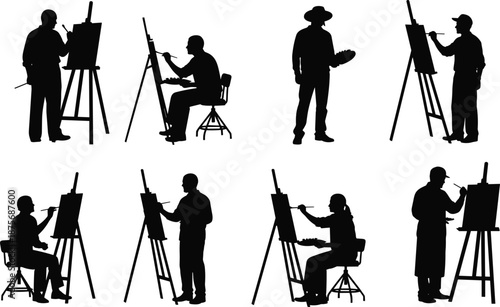 Set of eight artist silhouettes painting on easels, creative painters, standing and seated poses, fine art studio, illustrator collection, isolated on white,