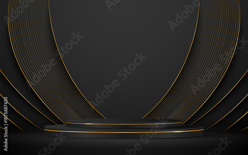 Black podium with elegant gold lines for the best awards or product display. stage or podium. vector illustration