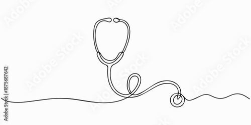 Stethoscope continuous one line drawing for medical and healthcare concept, Stethoscope in continuous one line art drawing on white background, Stethoscope continuous one line drawing minimalist