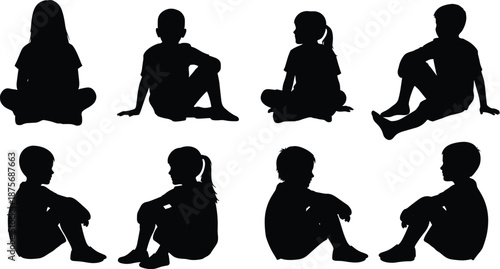 Set of eight black silhouettes of children sitting and relaxing in various poses, including cross-legged and upright positions on white,