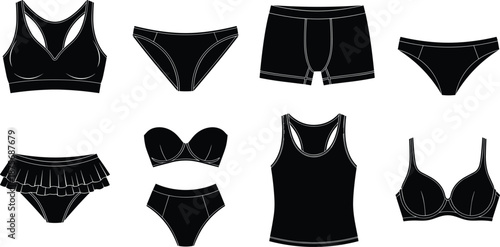 Set of eight black women underwear and swimwear silhouettes featuring sports bra, bikini bottoms, boxer briefs, tank top, and underwire bra,