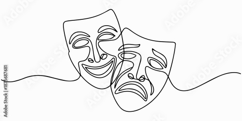 World theater day banner design, with character mask sketch, continuous one line drawing, vector illustration. one line Icon drawing, Greek mask continuous one line drawing, opera event symbols