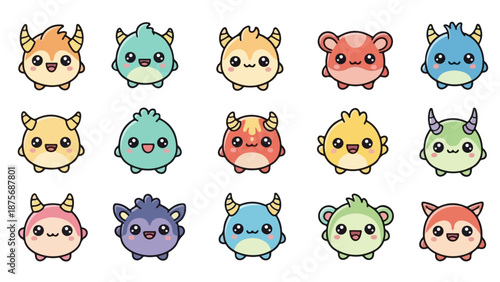 Kawaii Cute Monster Character Vector Set - Adorable Cartoon Collection of Fantasy Sprites and Avatars for Kids' Design