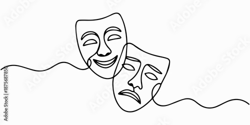 World theater day banner design, with character mask sketch, continuous one line drawing, vector illustration. one line Icon drawing, Greek mask continuous one line drawing, opera event symbols