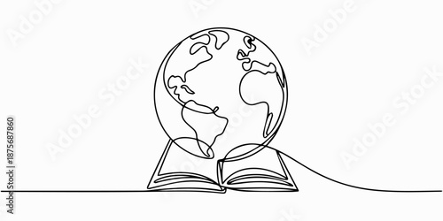 Continuous one line drawing of a globe with books beside it in minimalist black outline art style for education design, Earth globe beside books stack. Continuous one line drawing minimalist vector
