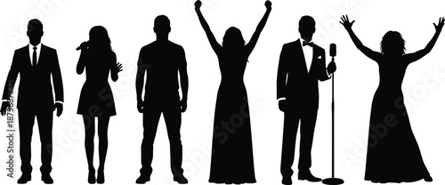 Set of seven professional performer silhouettes, singers, speakers, actors, diverse stage artists, formal attire, dramatic poses, singing into microphone, vector illustration.