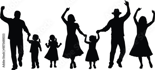 Silhouettes of family and friends dancing in a group, featuring adults and children in joyful celebratory poses for party events,