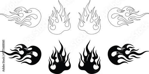 Stylized tribal flame illustrations featuring black outlines and solid silhouettes in curved decorative fire designs for tattoos, decals, and graphic art.