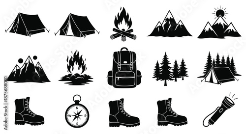 Black silhouette icons depicting camping hiking and outdoor adventure elements