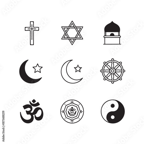 Religious Symbols Collection in Minimalist Line Art with Black and White Color Scheme for Faith Representation