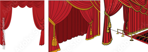 Realistic 3D Set of Red Velvet Theater Curtains Open and Closed Long and Short Top Borders Isolated on White Background. Vector illustration