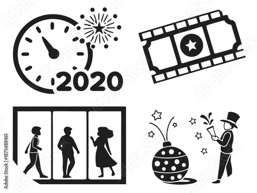 New Year 2020 Celebration Icons With Countdown And Entertainment clock