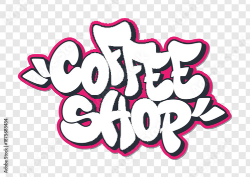 Coffee shop in graffiti style text with halo on transparent background design.