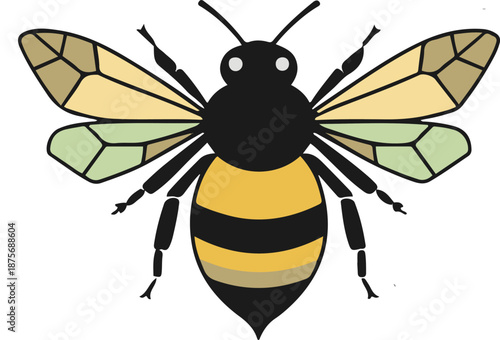 Minimalist vector sticker of a honey bee hovering, simple geometric wings, clean bold outline, flat eco-friendly style, white background, professional packaging friendly illustration 2