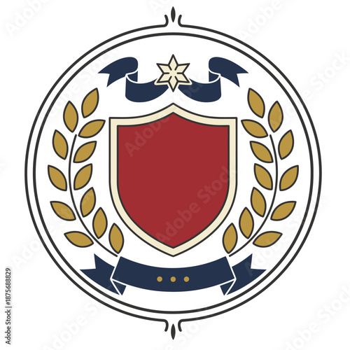 Historical badge logo template with classic red shield golden laurel wreath and elegant blue ribbons for heritage branding antique recognition traditional award and vintage insignia design