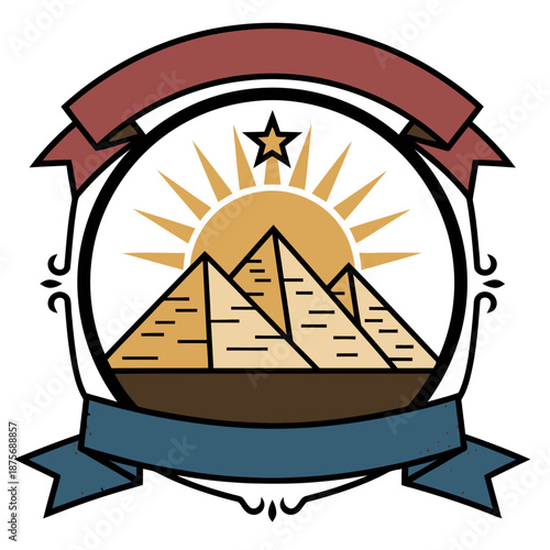 Great pyramid badge logo template with Giza pyramids desert sun and star in a circular frame with ribbons for Egyptian travel agency heritage tourism and historical landmark branding
