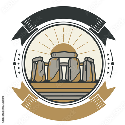 Stonehenge badge logo template with prehistoric stone circle monument and rising sun in an ornate frame with ribbons for UK travel tourism historical site and heritage branding
