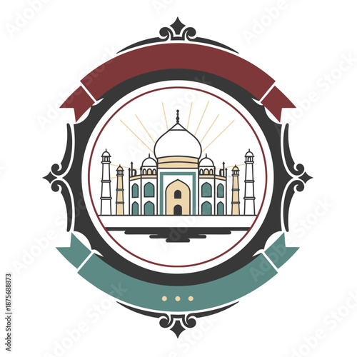 Taj Mahal badge logo template with iconic marble mausoleum and reflecting pool in an ornate circular frame for India travel tourism historical site and world heritage landmark branding