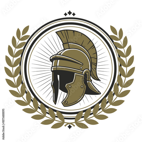 Roman helmet badge logo template with ancient centurion gladiator headpiece golden laurel wreath and sunburst in an ornate circular frame for history education and military branding
