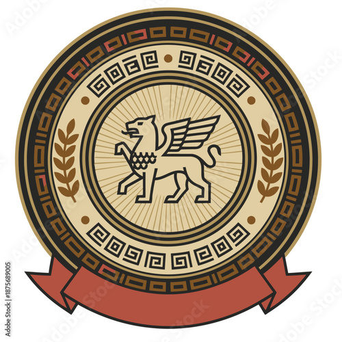 Ancient Seal Badge with Mythological Winged Griffin and Laurel Wreath in Circular Greek Pattern Emblem Logo