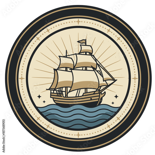 Vintage Old Ship Badge with Classic Sailing Vessel on Ocean Waves in Circular Emblem for Maritime Travel Logo