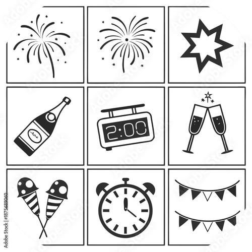 New Year celebration icons including fireworks, champagne, and clocks champagne bottle