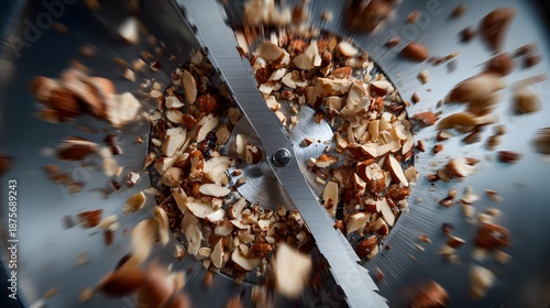 Intricate macro shot of an electric chopper interior featuring a gleaming blade and scattered chopped nuts to create a striking kitchen appliance stock image
