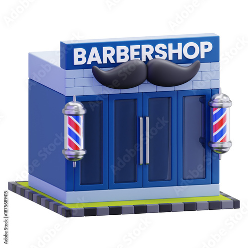 Charming 3D illustration of a classic barbershop facade with barber poles and a prominent mustache sign, evoking a sense of traditional grooming services