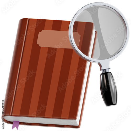 Detailed investigation of an open book with a magnifying glass, symbolizing research and discovery. 3D render