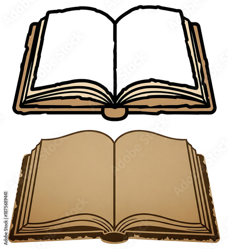 Two open books with blank pages on a transparent background