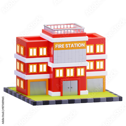 A 3D rendering of a bright red fire station building with multiple stories, large garage doors, and illuminated windows, set against a plain white background, perfect for illustrative purposes