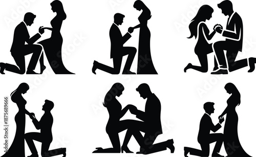 Valentine day proposal kneeling moment bundle silhouette icon vector art illustration