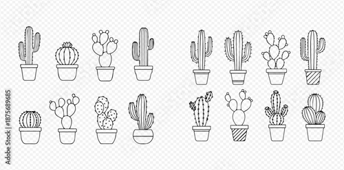 Set of various potted cactus and succulent plants in outline style, perfect for home decor and garden illustrations.