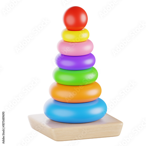Colorful stacking rings toy on a wooden base, a classic educational toy for early childhood development and motor skills