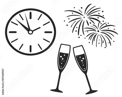 New Year's Eve Celebration Icon with Clock, Champagne Glasses, and Fireworks party